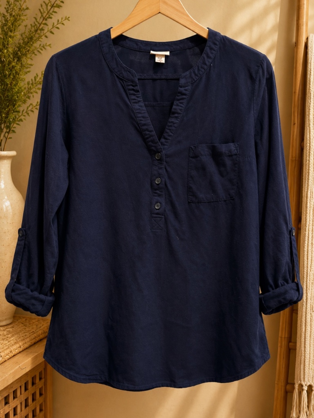 Navy Blue Roll Tab Sleeve Popover Blouse Pocket Top Size large